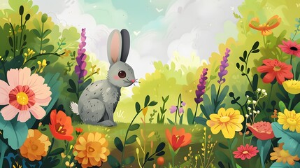 Wall Mural - Little rabbit smelling a flower in the garden. 