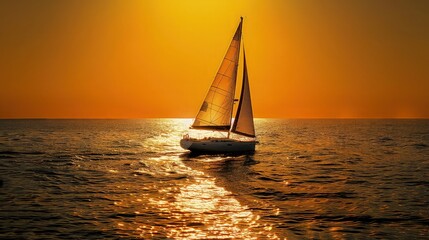 Wall Mural - A lone sailboat at sea with the sunset casting a golden glow on the water, creating a peaceful and serene atmosphere.