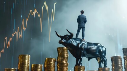 Ambitious businessman on gold coins near bull sculpture with rising stock graph projection