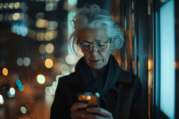 Wall Mural - a woman looking at her cell phone in the dark