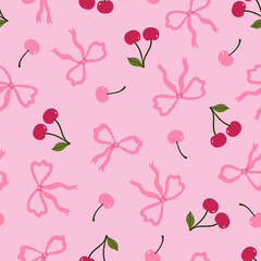 Wall Mural - Seamless pattern with cherries and bows on a pink background. Vector graphics