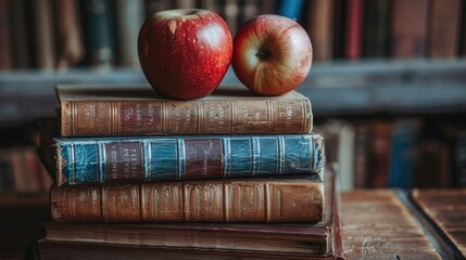 Sticker - Books and apple on table