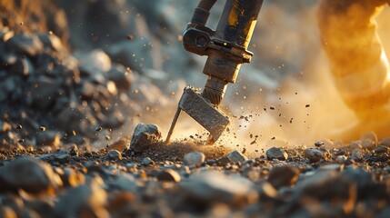 Close-up of a jackhammer breaking rock with flying debris.