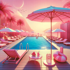 Wall Mural - Swimming pool with chairs and beach umbrellas. Idea for a pink summer vacation