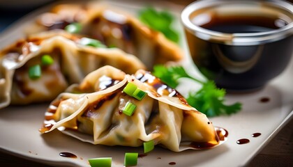 Wall Mural - Homemade Asian Vegeterian Potstickers with soy sauce and pork
