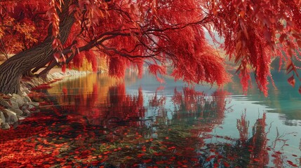 Wall Mural - A peaceful lake setting where bright red willow trees lean over the water, their intricate branches and leaves creating complex reflections in the clear water below.