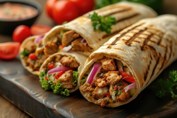 Wall Mural - Savory Grilled Chicken Burritos Shawarma Served on a Wooden Platter in a Rustic Kitchen Setting