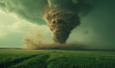 Wall Mural - A tornado with dark gray clouds and swirling brown dust is seen in the distance on green grass near to an open field