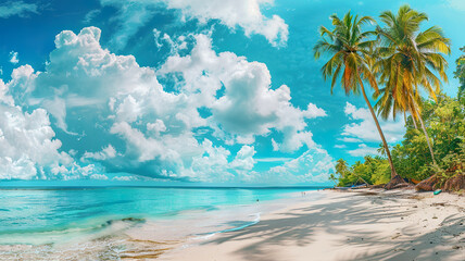 Wall Mural - A beautiful beach with a clear blue ocean and a few clouds in the sky