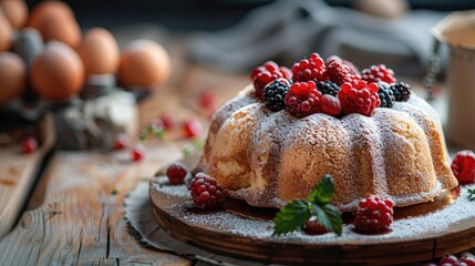 Canvas Print - Homemade sponge cake with eggs and berries on wooden table Bakery theme