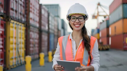 Poster - A woman in hard hat holding a tablet computer. AI.