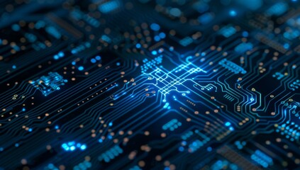 Wall Mural - a close up of a circuit board with blue lights. ai.
