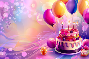 Wall Mural - A birthday cake with candles and balloons on a background