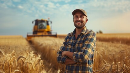 A happy farmer proudly standing in a field, overseeing a combine harvester going to harvest a rich crop of wheat.