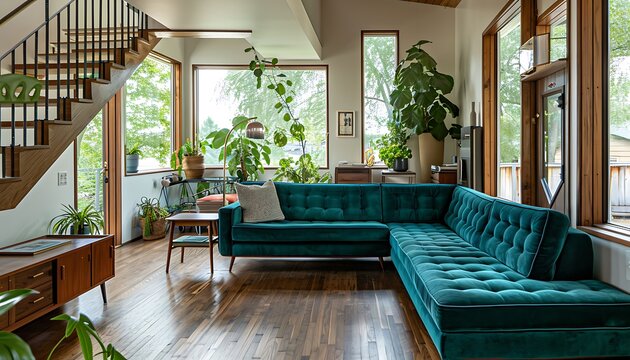 Mid-century modern living room with a velvet teal sofa, stylish wooden staircase, and walnut flooring. Large bright windows, vintage decor, and sleek lines.