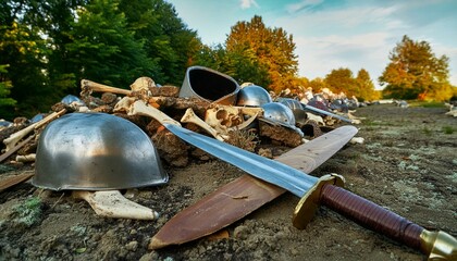 Wall Mural - fence in the sand, sheep in the mountains, goats in the desert, skull in the desert, wallpaper A dry desert valley with piles of the bones of an ancient army in the foreground. Discarded swords 