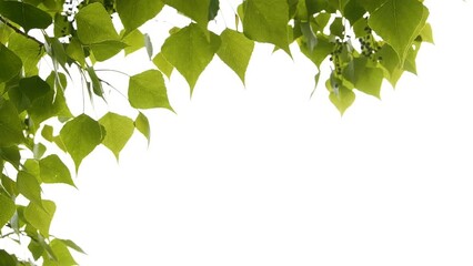 Slow motion closeup green tree leaves frame isolated on white, nature background
