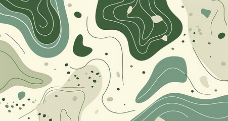 Wall Mural - Green and beige simple shapes with simple line art drawings of organic forms in a flat illustration style