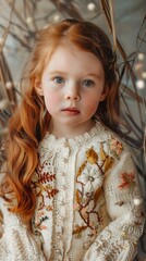 Wall Mural - A little girl with red hair wearing a sweater