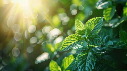 Close-up of vibrant mint leaves bathed in sunlight, ideal for herbal tea and wellness products