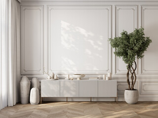 Poster - White contemporary classic interior with dresser, vases, potted tree, moldings and decor. 3d render illustration mockup.