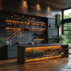 Wall Mural - Modern kitchen interior with wooden cabinets, pendant lights, and bar stools.