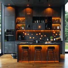 Wall Mural - Modern kitchen interior with wooden cabinets, pendant lights, and bar stools.