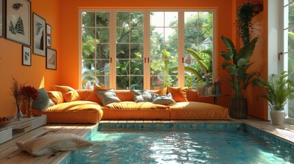 Wall Mural - Cozy indoor living space with orange sofa and small pool