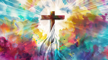Wall Mural - A digital painting depicting an Easter cross standing tall against a backdrop of vibrant, abstract colors