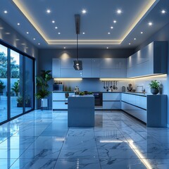 Wall Mural - Modern kitchen with white cabinets and marble flooring