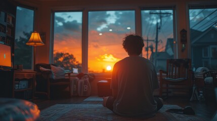 Wall Mural - Person Watching Sunset from Cozy Living Room
