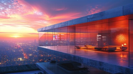 Wall Mural - Modern house with sunset city view