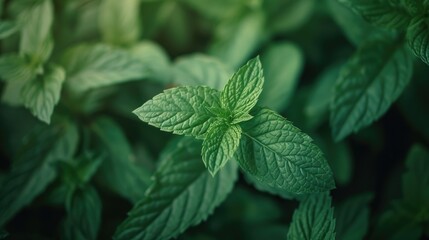 Wall Mural - Healthy peppermint leaves close-up with selective focus, perfect for health concepts