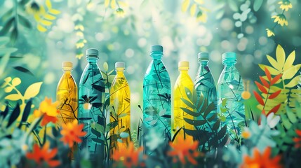 Row of colorful bottles filled with leaves in a green and yellow nature backdrop.