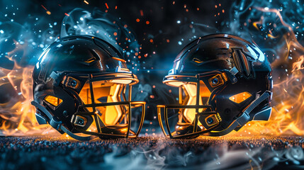 Two football helmets face off against each other, engulfed in flames and smoke. The intense lighting creates a dramatic and dynamic scene