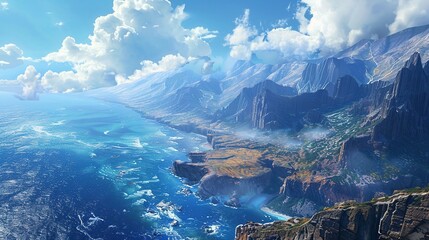 Wall Mural - Beautiful aerial view of the sea with a backdrop of mountains and a clear sky with white clouds