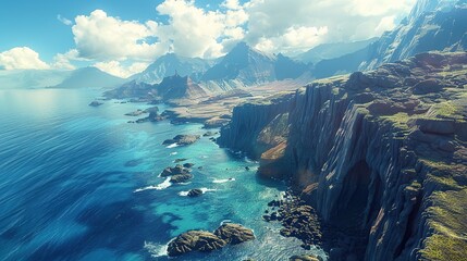 Wall Mural - Beautiful aerial view of the sea with a backdrop of mountains and a clear sky with white clouds