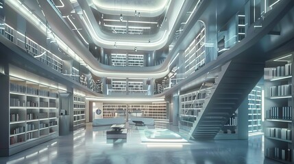 Wall Mural - Futuristic library with spiral staircase and large collection of books. The atmosphere is calm and serene, with futuristic colored lighting in the room