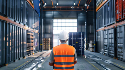 Wall Mural - A warehouse worker in a safety vest and hard hat stands in a large warehouse, surveying the rows of shipping containers