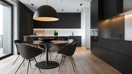 Wall Mural - Minimalist black dining chairs in a modern kitchen, sleek design, contemporary decor, stylish home, elegant look, modern interior, functional space, sophisticated ambiance.