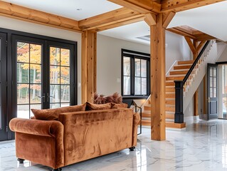 Open concept living room with wooden beams, black door frames, and autumn colors featuring a velvet copper sofa, elegant wooden staircase, and polished marble flooring. Large bright windows, 