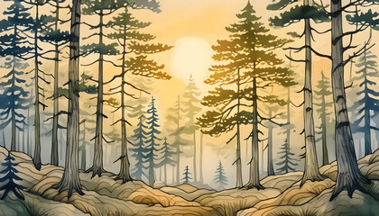 Wall Mural - Vintage dark forest in the early evening on digital art concept, Generative AI.