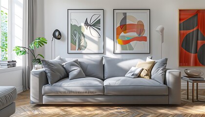 Wall Mural - Minimalist gray fabric sofa in a bright, airy living room with wooden floors and modern art on the walls.