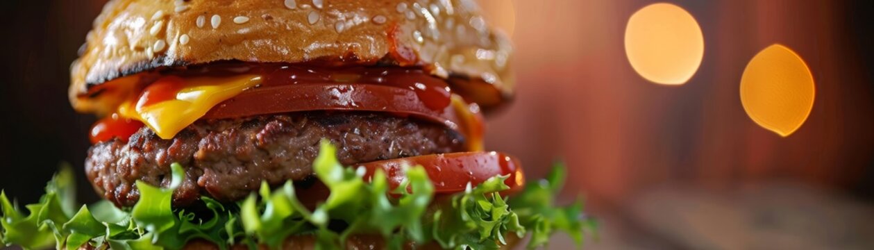 A close-up of a gourmet cheeseburger, featuring a juicy beef patty, melted cheese, fresh lettuce, and tomato slices.