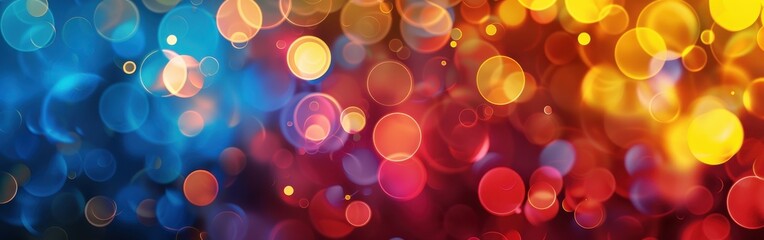 Fototapete - A colorful background with many small circles. The circles are of different sizes and colors. The background is a mix of blue, red, and yellow. The image has a lively and energetic feel to it