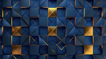 Fototapete - A blue and gold patterned background with gold squares. The squares are arranged in a way that creates a sense of depth and texture. Scene is elegant and sophisticated