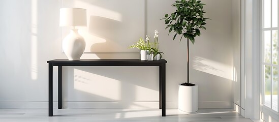 Wall Mural - Minimalist white ceramic table lamp on a black console table in a modern entryway with natural light.