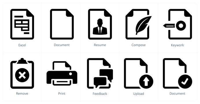 A set of 10 File icons as excel, document, resume