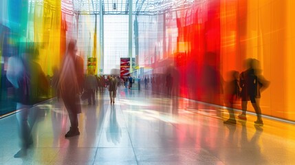 Poster - A busy train station with people walking around and a colorful background. The people are walking in different directions and some are carrying handbags. The atmosphere is lively and bustling
