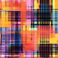 Wall Mural - A digital abstract pattern with bright overlapping colored lines forming a plaid design. The dominant colors are yellow, orange, red, pink, blue, and black. The lines are thick and thin, creating a te